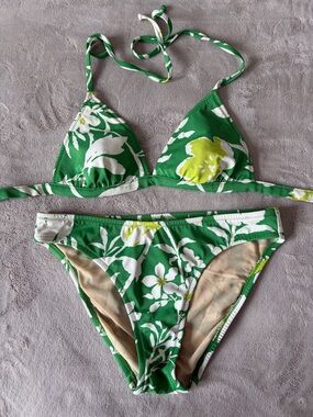 J. Crew Vintage Triangle Bikini Set Made in USA Green Floral Pattern Size Medium